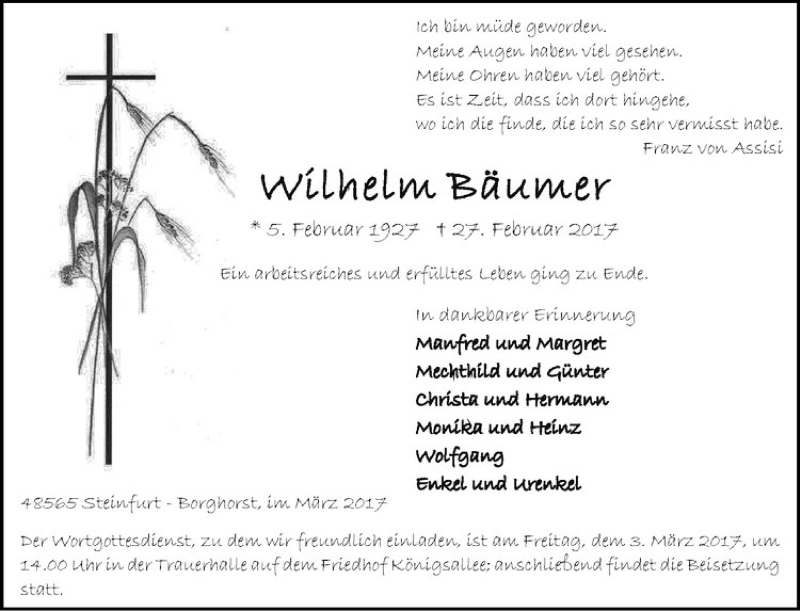  Traueranzeige für Wilhelm Bäumer vom 01.03.2017 aus Westfälische Nachrichten