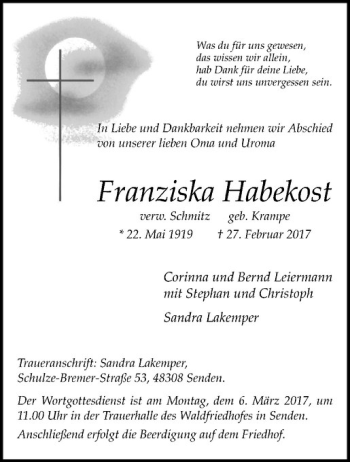 Anzeige von Franziska Habekost von Westfälische Nachrichten