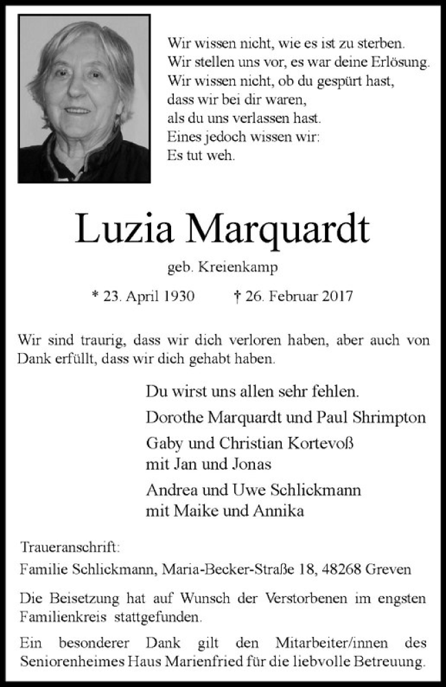  Traueranzeige für Luzia Marquardt vom 11.03.2017 aus Westfälische Nachrichten