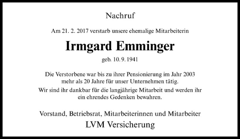  Traueranzeige für Irmgard Emminger vom 15.03.2017 aus Westfälische Nachrichten