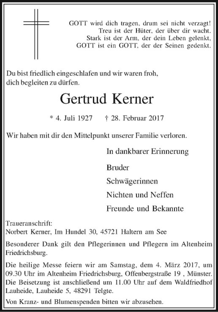  Traueranzeige für Gertrud Kerner vom 02.03.2017 aus Westfälische Nachrichten