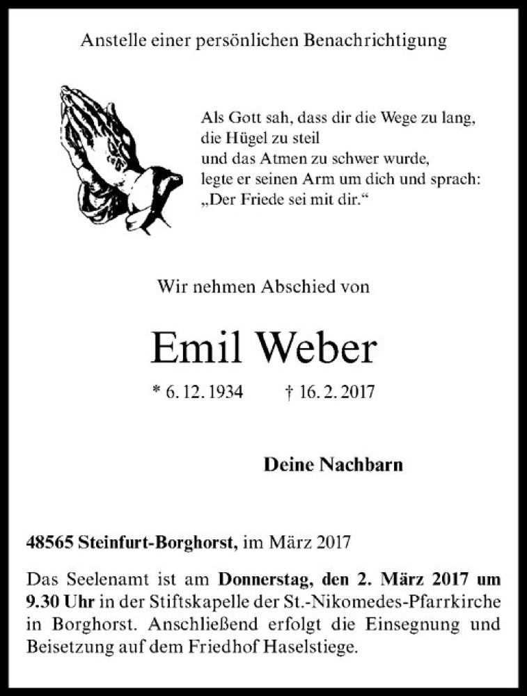  Traueranzeige für Emil Weber vom 01.03.2017 aus Westfälische Nachrichten