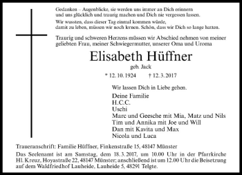 Anzeige von Elisabeth Hüffner von Westfälische Nachrichten