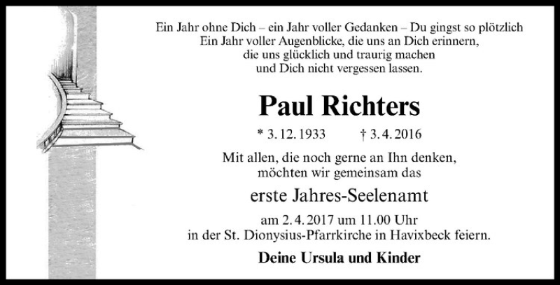 Traueranzeige für Paul Richters vom 29.03.2017 aus Westfälische Nachrichten