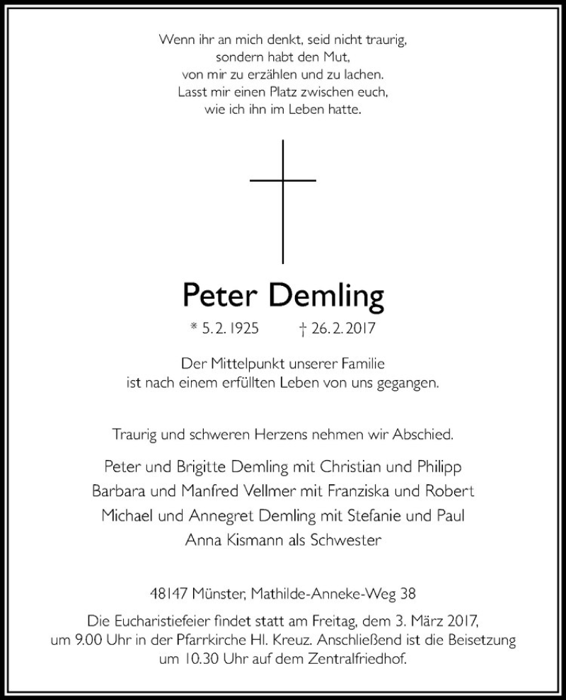  Traueranzeige für Peter Demling vom 01.03.2017 aus Westfälische Nachrichten