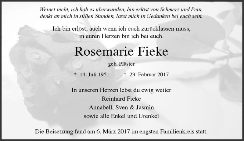  Traueranzeige für Rosemarie Fieke vom 11.03.2017 aus Westfälische Nachrichten