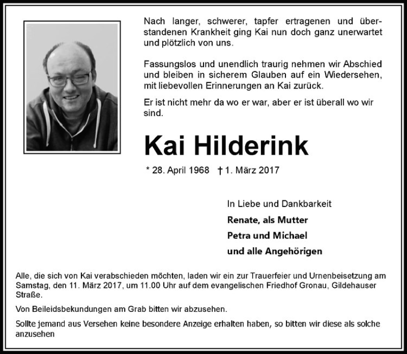 Traueranzeige für Kai Hilderink vom 07.03.2017 aus Westfälische Nachrichten