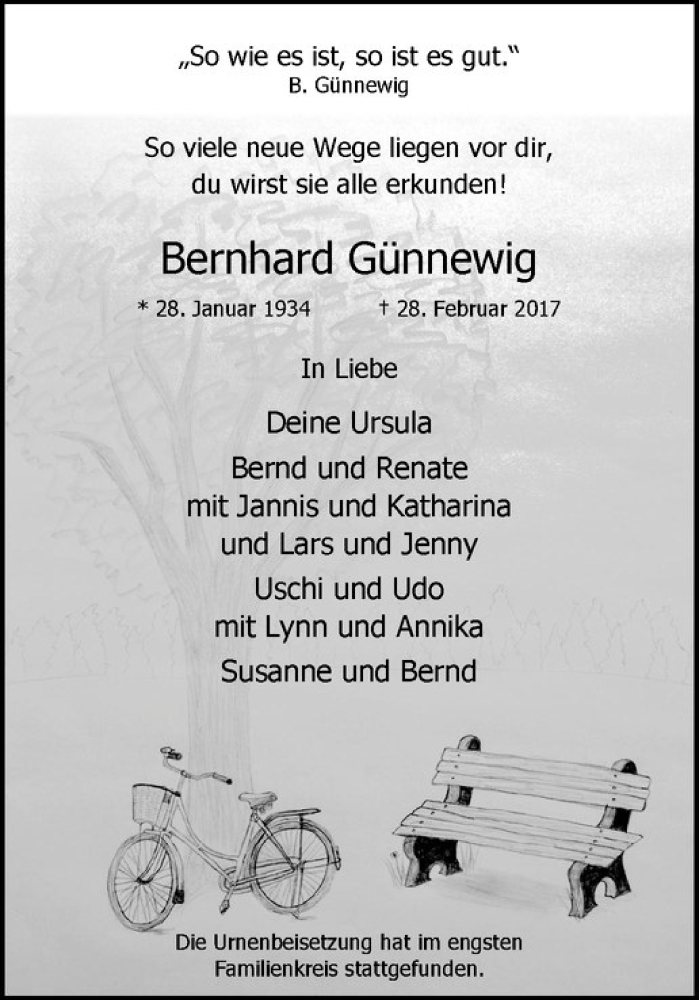  Traueranzeige für Bernhard Günnewig vom 11.03.2017 aus Westfälische Nachrichten