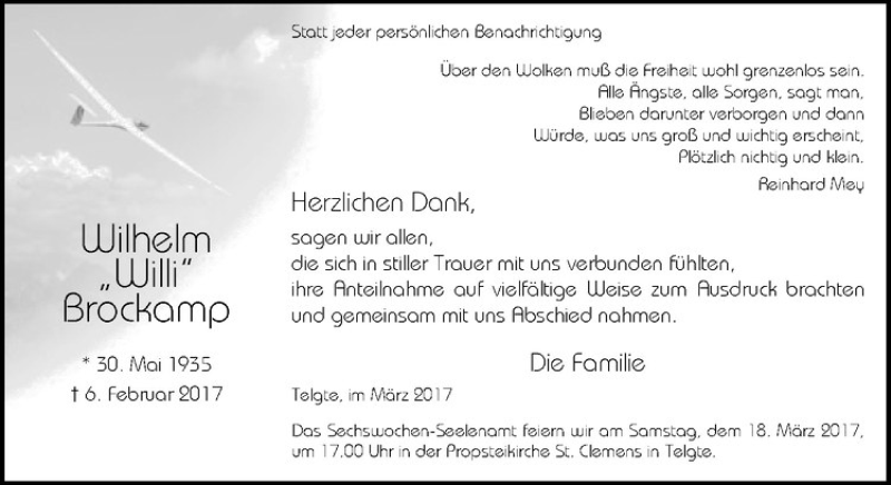  Traueranzeige für Wilhelm Brockamp vom 11.03.2017 aus Westfälische Nachrichten
