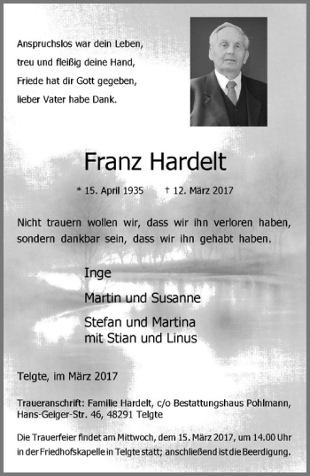 Anzeige von Franz Hardelt von Westfälische Nachrichten
