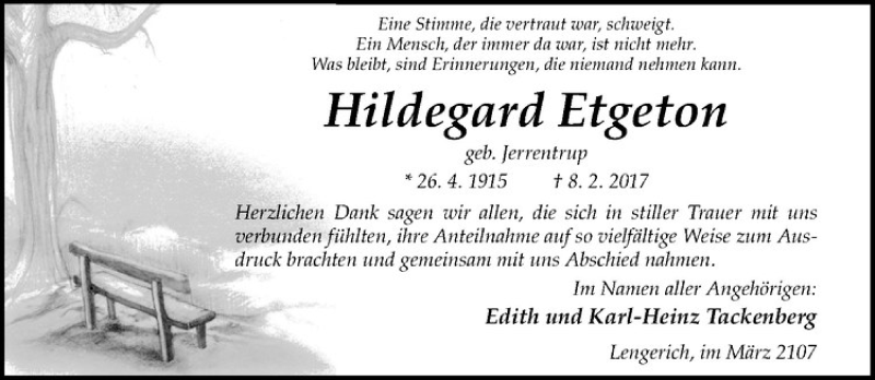 Traueranzeige für Hildegard Etgeton vom 15.03.2017 aus Westfälische Nachrichten