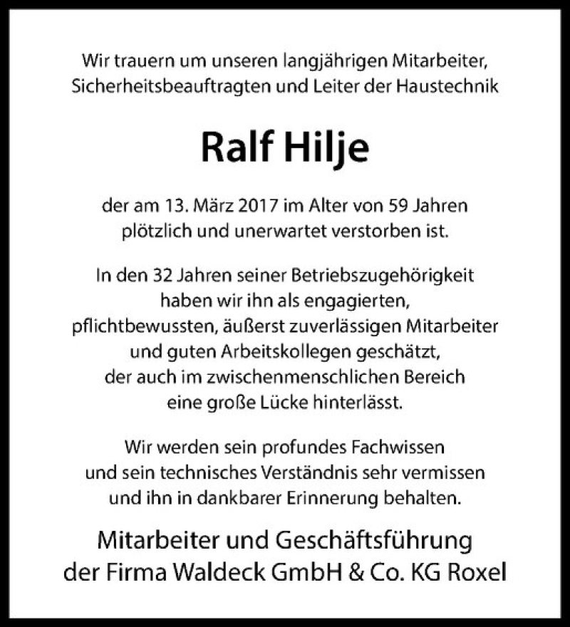  Traueranzeige für Ralf Hilje vom 17.03.2017 aus Westfälische Nachrichten