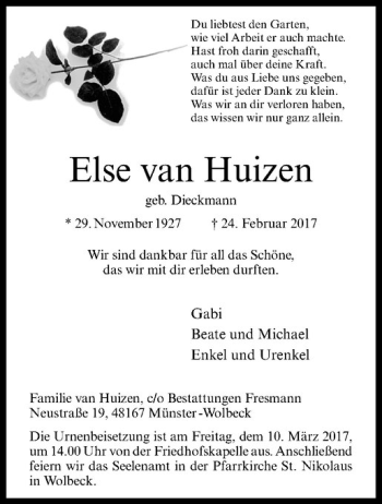 Anzeige von Else van Huizen von Westfälische Nachrichten