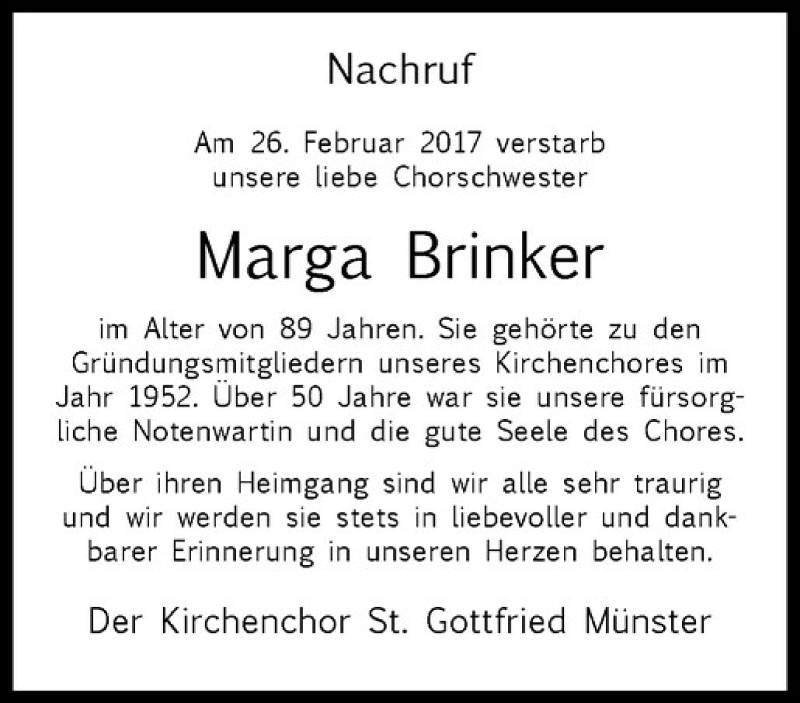  Traueranzeige für Marga Brinker vom 15.03.2017 aus Westfälische Nachrichten