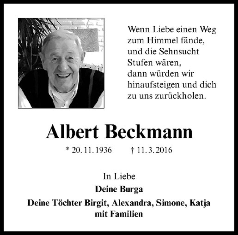  Traueranzeige für Albert Beckmann vom 11.03.2017 aus Westfälische Nachrichten