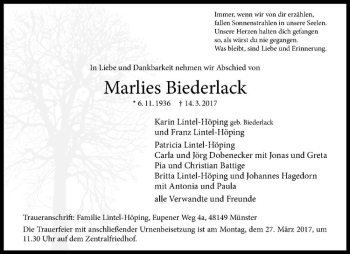 Anzeige von Marlies Biederlack von Westfälische Nachrichten