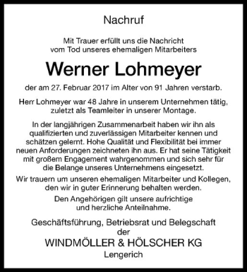 Anzeige von Werner Lohmeyer von Westfälische Nachrichten