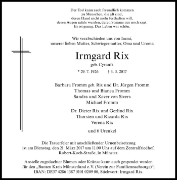 Anzeige von Irmgard Rix Cyranik von Westfälische Nachrichten