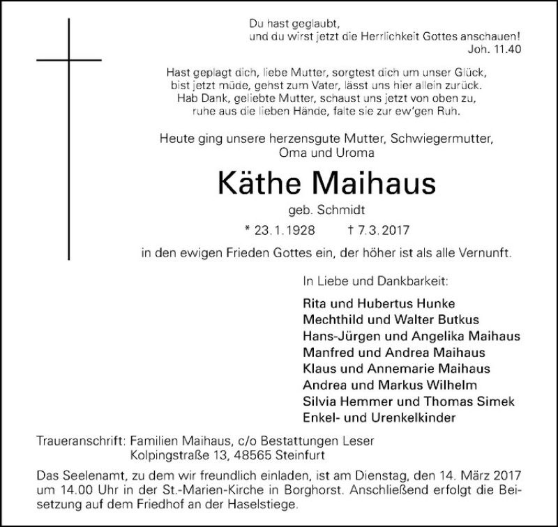  Traueranzeige für Franz Maihaus vom 11.03.2017 aus Westfälische Nachrichten