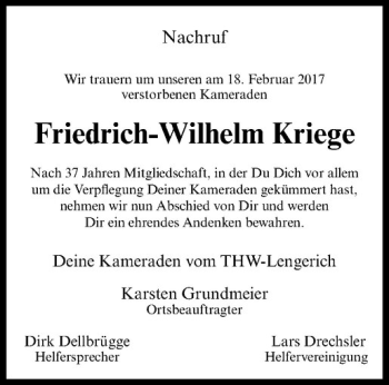 Anzeige von Friedrich-Wilhelm Kriege von Westfälische Nachrichten
