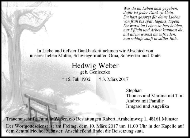  Traueranzeige für Hedwig Weber vom 08.03.2017 aus Westfälische Nachrichten