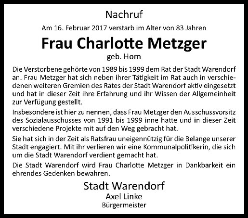  Traueranzeige für Charlotte Metzger vom 08.03.2017 aus Westfälische Nachrichten