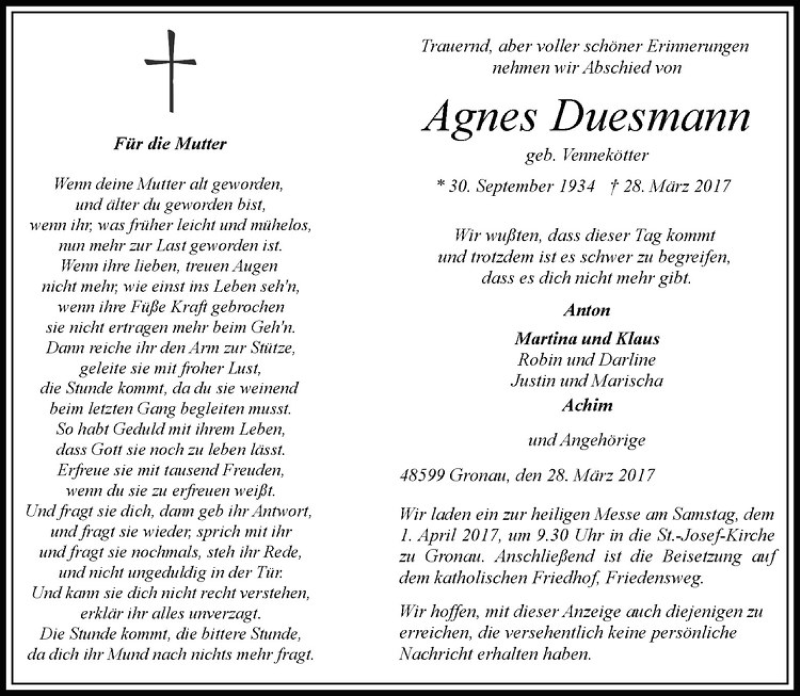  Traueranzeige für Agnes Duesmann vom 31.03.2017 aus Westfälische Nachrichten