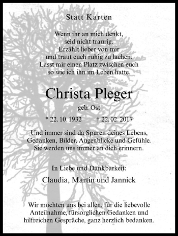Anzeige von Christa Pleger von Westfälische Nachrichten