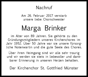 Anzeige von Marga Brinker von Westfälische Nachrichten