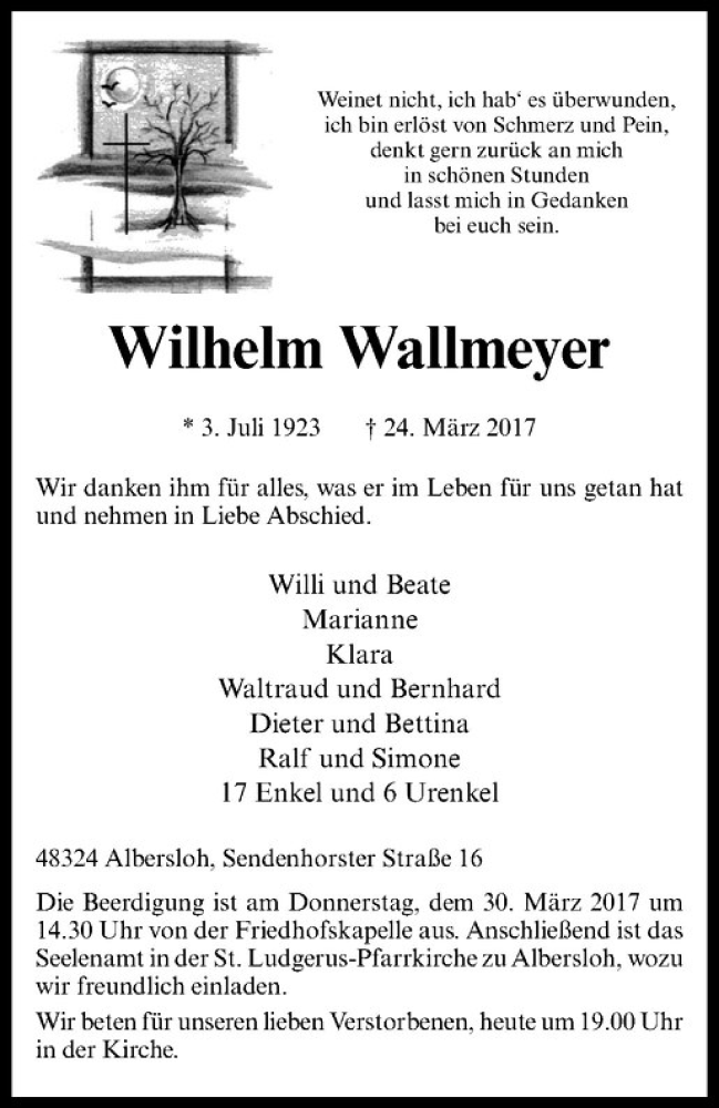  Traueranzeige für Anni Wallmeyer vom 28.03.2017 aus Westfälische Nachrichten