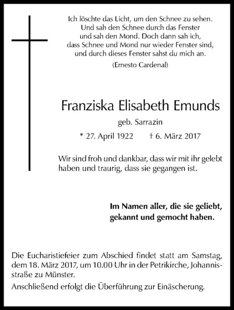  Traueranzeige für Franziska Elisabeth Emunds vom 15.03.2017 aus Westfälische Nachrichten