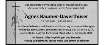 Anzeige von Agnes Bäumer-Daverthüser von Westfälische Nachrichten