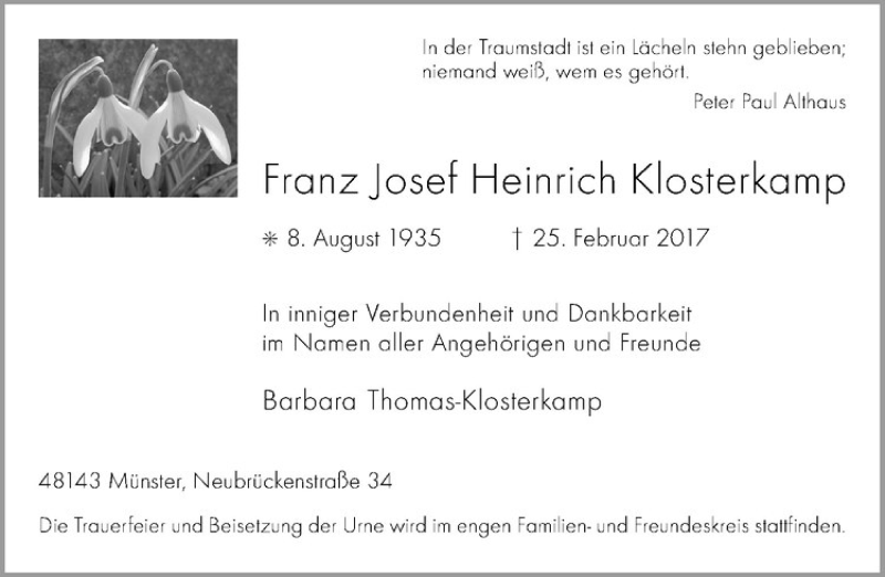  Traueranzeige für Franz Josef Heinrich Klosterkamp vom 11.03.2017 aus Westfälische Nachrichten