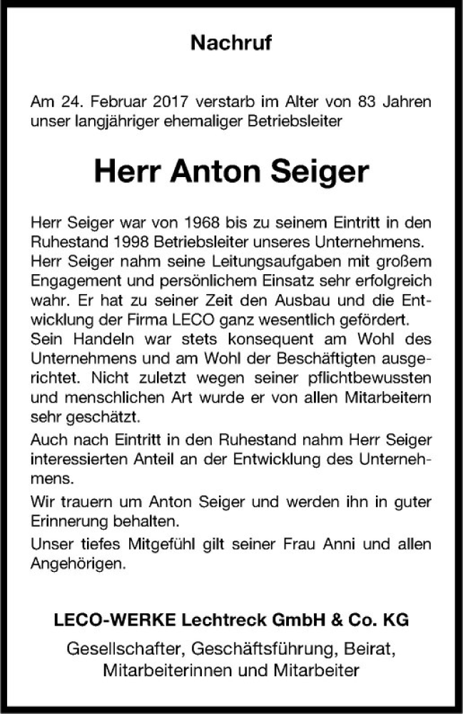  Traueranzeige für Anton Seiger vom 04.03.2017 aus Westfälische Nachrichten