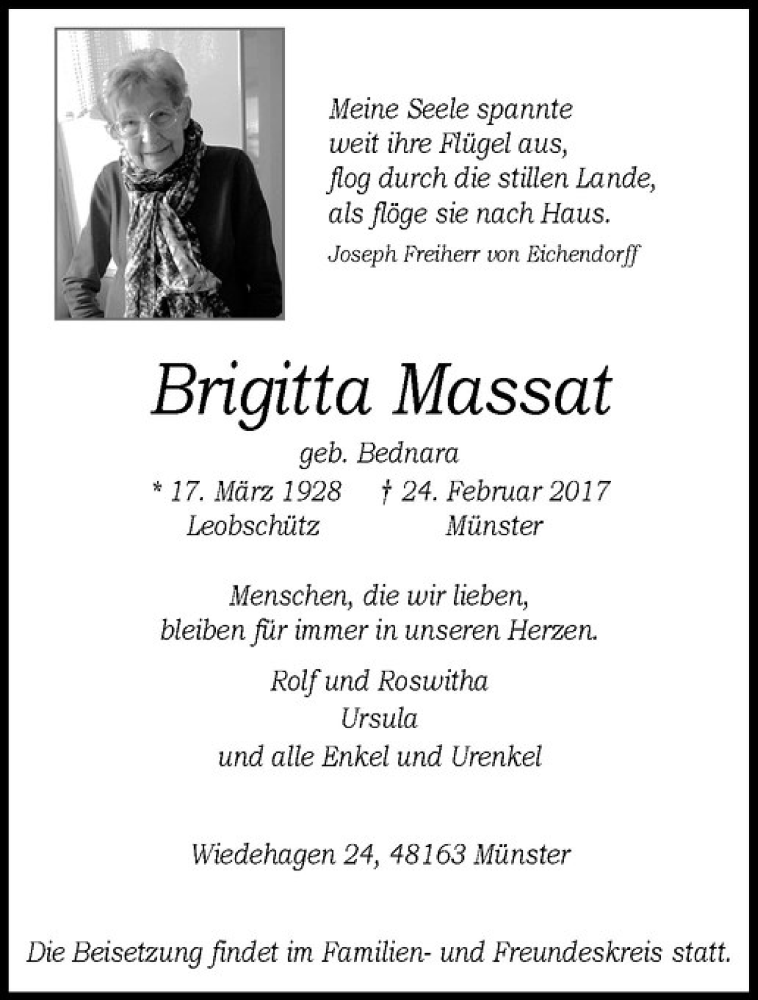  Traueranzeige für Brigitta Massat vom 01.03.2017 aus Westfälische Nachrichten