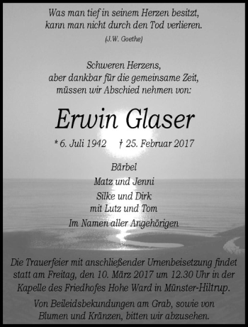 Anzeige von Erwin Glaser von Westfälische Nachrichten