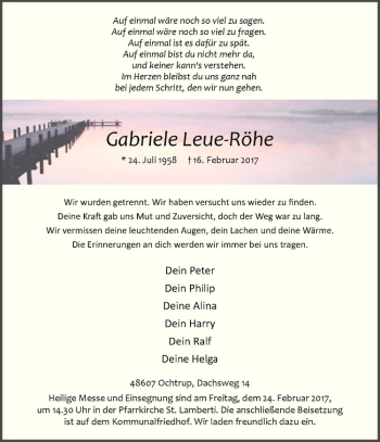 Anzeige von Gabriele Leue-Röhe von Westfälische Nachrichten