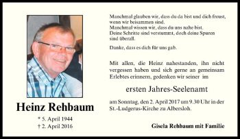 Anzeige von Heinz Rehbaum von Westfälische Nachrichten
