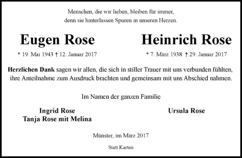 Traueranzeige für Eugen Rose vom 18.03.2017 aus Westfälische Nachrichten