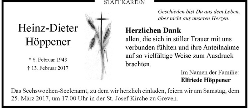 Traueranzeige für Heinz-Dieter Höppener vom 18.03.2017 aus Westfälische Nachrichten