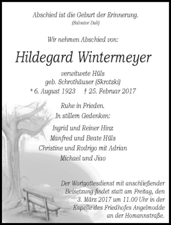 Anzeige von Hildegard Wintermeyer von Westfälische Nachrichten