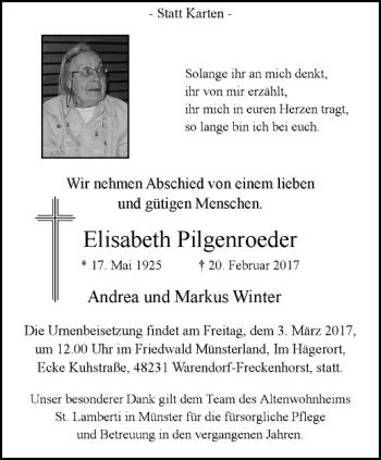 Anzeige von Elisabeth Pilgenroeder von Westfälische Nachrichten