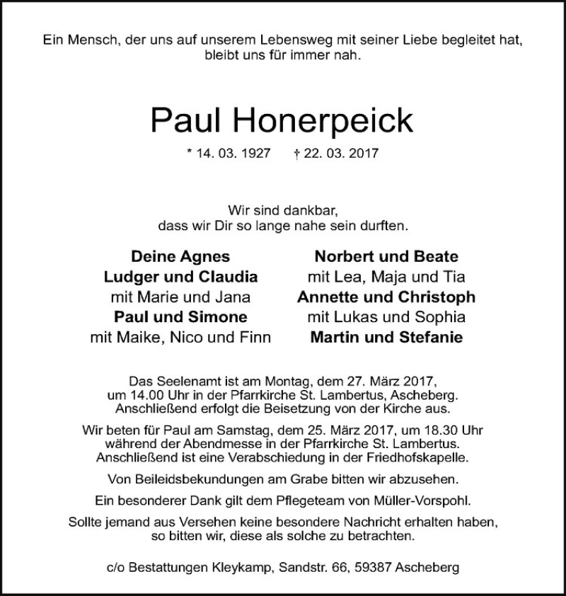  Traueranzeige für Paul Honerpeick vom 25.03.2017 aus Westfälische Nachrichten