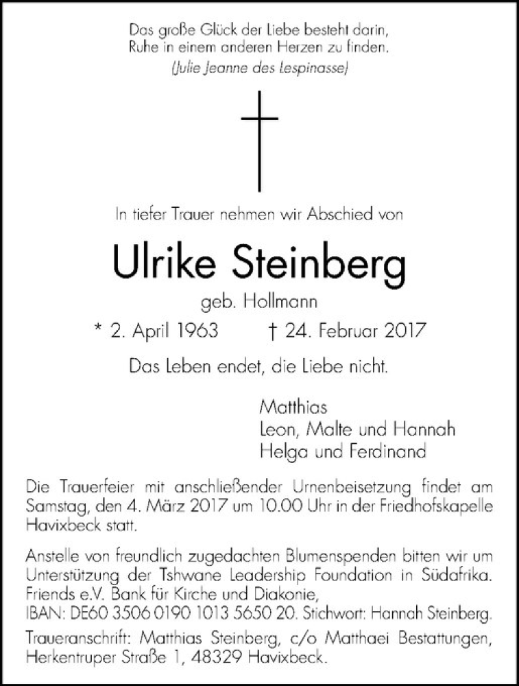  Traueranzeige für Ulrike Steinberg vom 01.03.2017 aus Westfälische Nachrichten