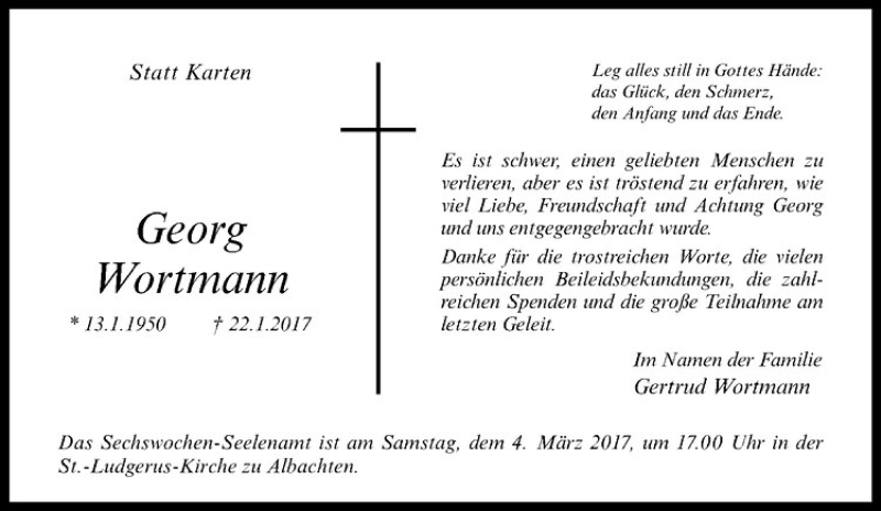  Traueranzeige für Georg Wortmann vom 01.03.2017 aus Westfälische Nachrichten