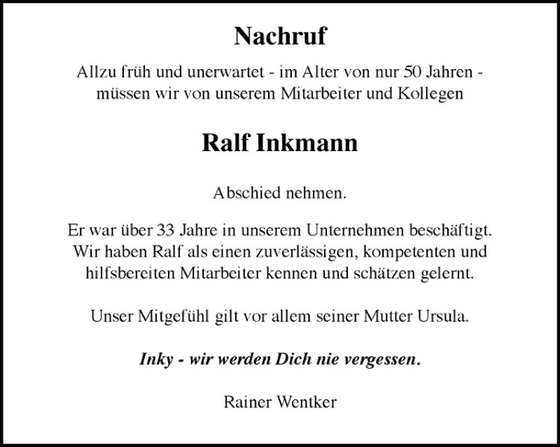  Traueranzeige für Ralf Inkmann vom 09.03.2017 aus Westfälische Nachrichten