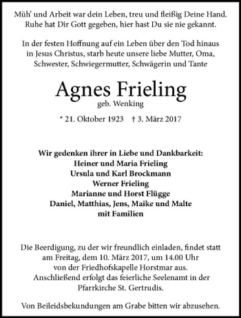 Anzeige von Agnes Frieling von Westfälische Nachrichten