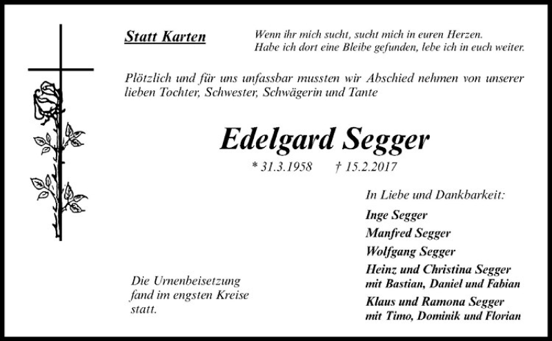  Traueranzeige für Edelgard Segger vom 11.03.2017 aus Westfälische Nachrichten