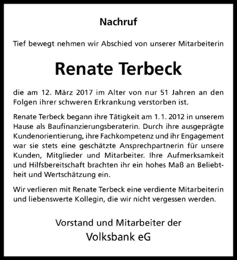  Traueranzeige für Renate Terbeck vom 23.03.2017 aus Westfälische Nachrichten