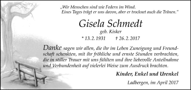 Traueranzeige für Gisela Schmedt vom 08.04.2017 aus Westfälische Nachrichten